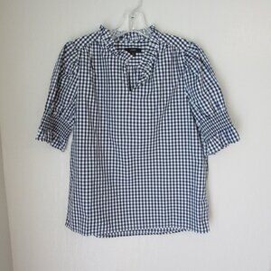 J. CREW Blue & White Gingham Check Short Smocked Sleeve S Ruffled Edge Blouse